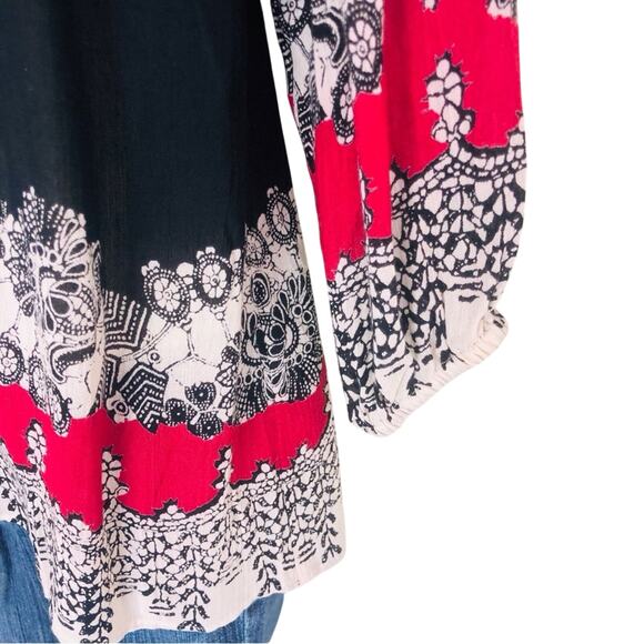 NWT Angie Black Red Boho Inspired Print Long Sleeve Top 3 button Scoop Neck Top - Picture 13 of 16
